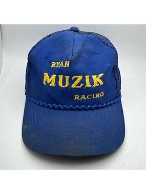 Vintage Ryan Muzik Racing Trucker Hat Cap Blue Yellow Mesh Adjustable OSFA